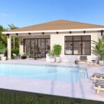 Modern backyard with a small pool, two striped lounge chairs, potted plants, and a covered patio area attached to a single-story house. Lush greenery surrounds the yard.