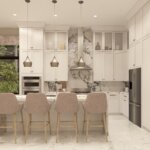 Modern kitchen with white cabinetry, marble backsplash, stainless steel appliances, island with four beige chairs, and three pendant lights above the counter.