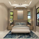 Modern bedroom with a large bed, two nightstands, lamps, a bench, abstract artwork above the headboard, large windows, and neutral-toned décor with blue accents.