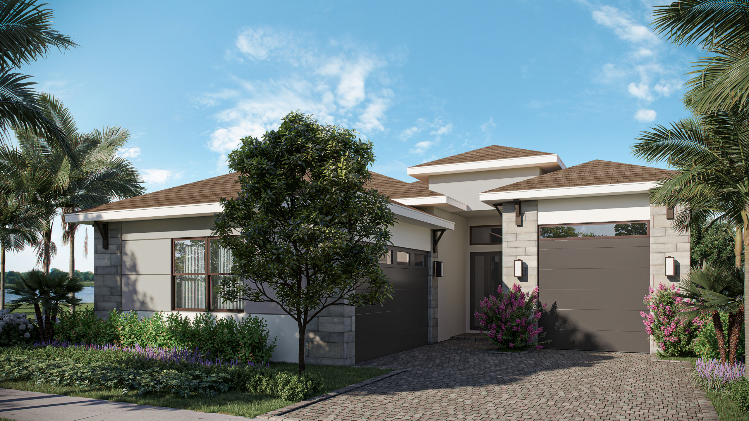 Modern single-story Calistoga home featuring smart design, a stone driveway, two-car garage, large windows, and a landscaped front yard with trees and flowering shrubs under a clear blue sky.