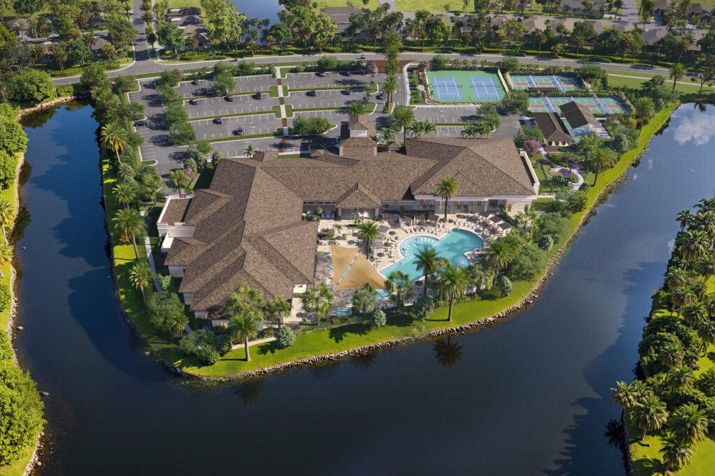 Catalina Palms offers 55+ living in a large building with a pool and a parking lot, perfectly situated by the water.